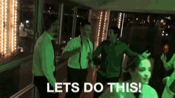 a group of people are dancing in a room with the words let 's do this on the bottom