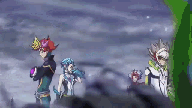 a group of anime characters are standing next to each other in a row .