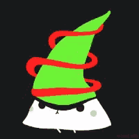 a drawing of a green object with a red ribbon