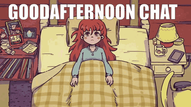 a cartoon of a girl laying in a bed with the words goodafternoon chat above her