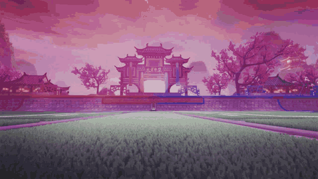 a purple and pink landscape with chinese writing on the walls