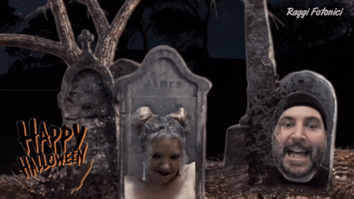 a picture of a cemetery with the words happy halloween written on it