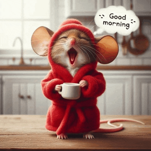 a mouse wearing a robe is yawning while holding a cup of coffee and says good morning