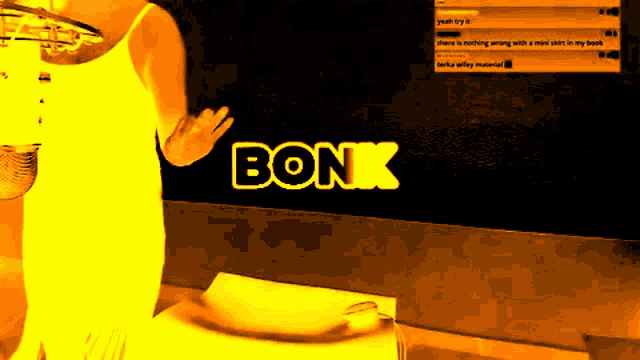 a woman stands in front of a wall that says bonk