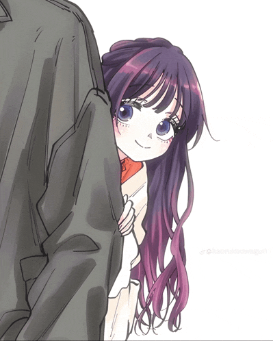a drawing of a girl with purple hair behind a man