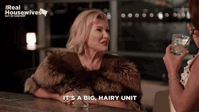 a woman in a fur coat says it 's a big hairy unit next to another woman