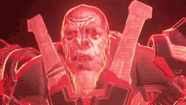 a computer generated image of a man with a beard is glowing red .