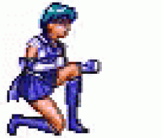 a pixel art of a girl in a blue dress kneeling down with a gun .