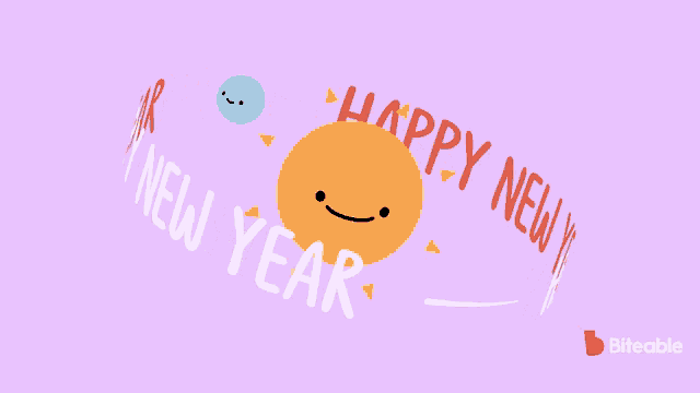 a happy new year greeting card with a smiling sun on a purple background