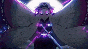 a girl in a butterfly costume is holding a sword in her hands