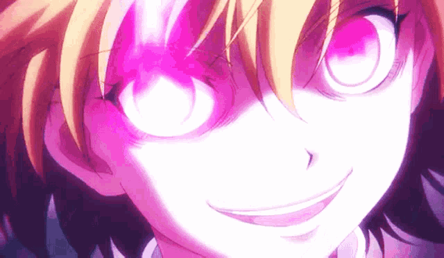 a close up of a person 's face with purple eyes and a smile .