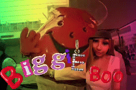 a pixelated image of a woman standing next to a bull with the words biggie boo written on it