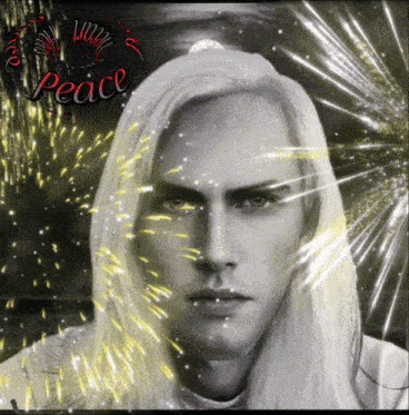 a black and white photo of a man with long white hair and the word peace on the bottom