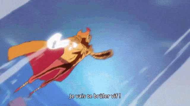 a cartoon character is flying through the air with the words je vais te brûler vif written below him