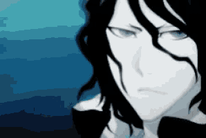 a close up of a person 's face with long black hair and blue eyes