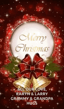 a merry christmas card with bells and a red bow on a red background .
