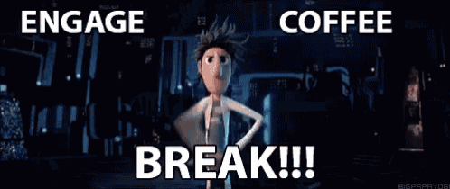 a cartoon character is drinking a cup of coffee while a monkey sits on a chair
