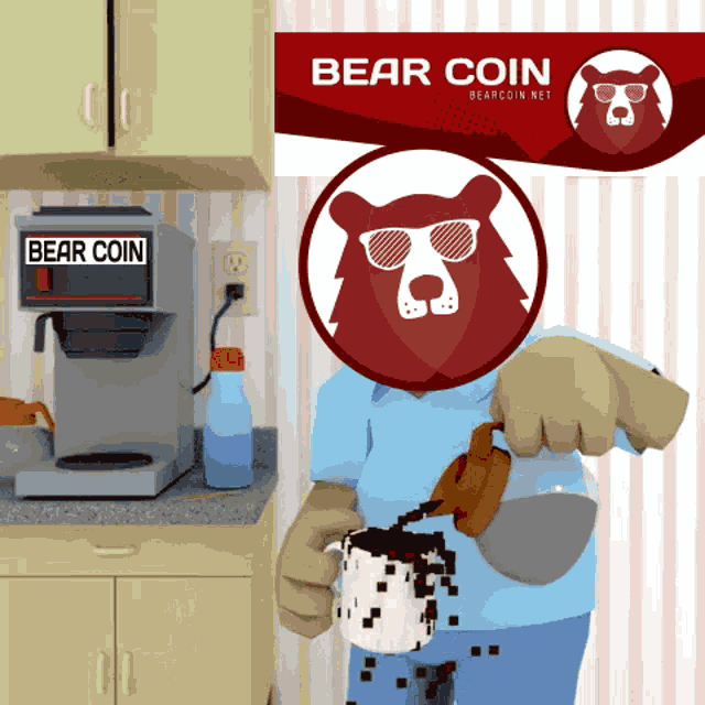 a cartoon of a man pouring coffee under a bear coin sign