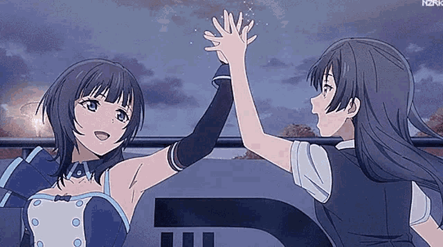 two anime girls are standing next to each other and giving each other a high five .