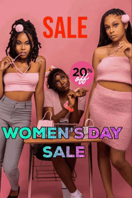 a women 's day sale is advertised with three girls