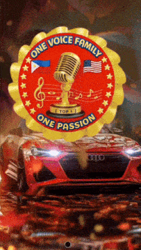 a red car is behind a one voice family one passion emblem
