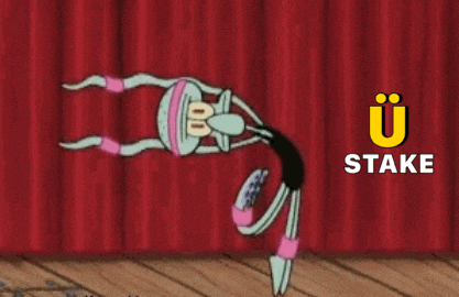 squidward from spongebob is doing a handstand in front of a red curtain and the word stake