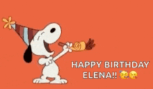 snoopy is blowing a party horn and saying happy birthday elena !