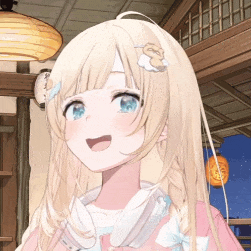 a girl with blonde hair and blue eyes is smiling in front of a lantern