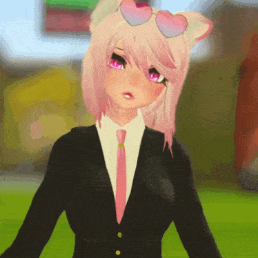 a girl with pink hair is wearing a black suit and pink tie