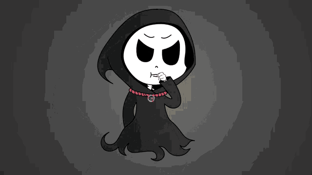 a cartoon grim reaper wearing a black hoodie and a red necklace