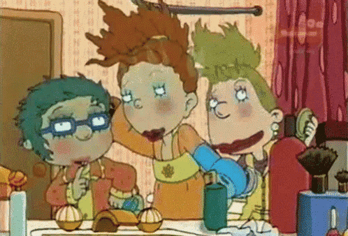 three cartoon characters are standing next to each other and one of them has glasses on