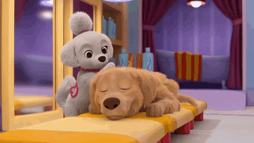 a cartoon dog laying on a bench next to another dog