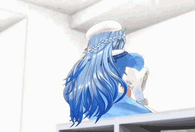 a girl with blue hair and a white hat