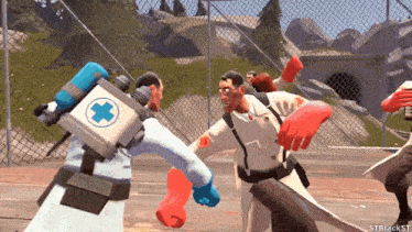 a video game character with a blue cross on his backpack