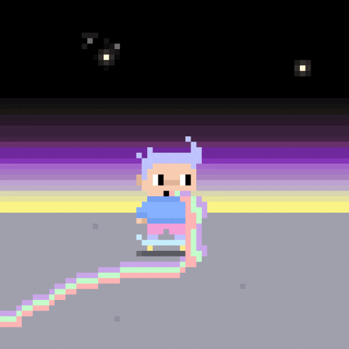 a pixel art of a person walking with a rainbow behind him