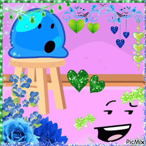 a picture of a stool with a blue jellyfish on it and a picture of a smiling face