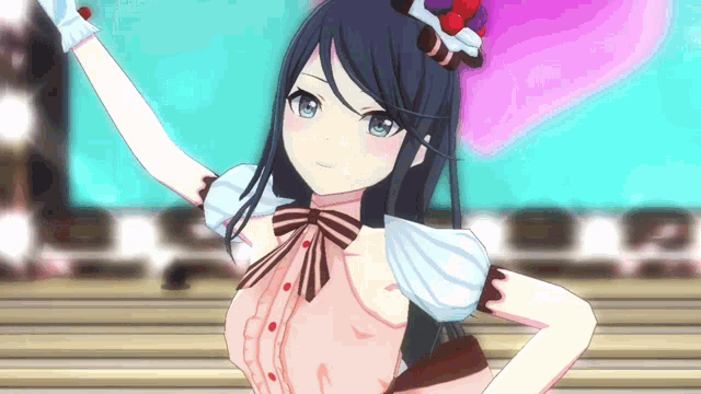 a girl with long black hair is wearing a pink dress and a hat .