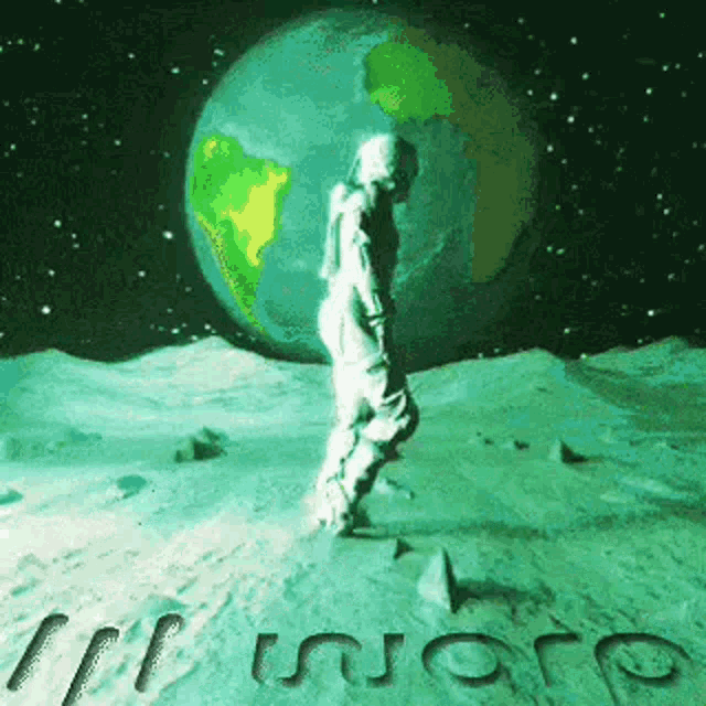 an astronaut is walking on the moon in front of a globe .
