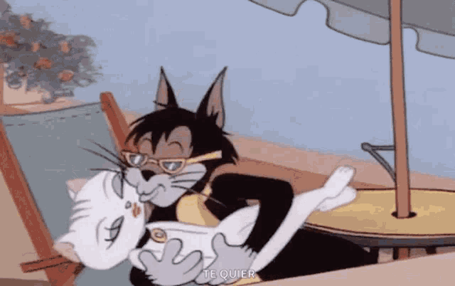 a cartoon cat is holding a white cat in his arms while sitting under an umbrella .