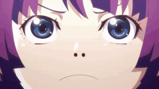 a close up of a girl with purple hair and blue eyes making an angry face