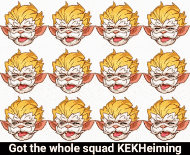 a bunch of monkey faces with the words " got the whole squad kekheiming " below them