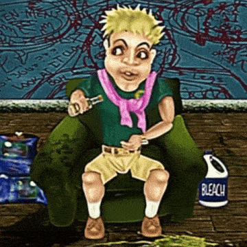 a cartoon character is sitting in a chair with a bottle of bleach in front of him