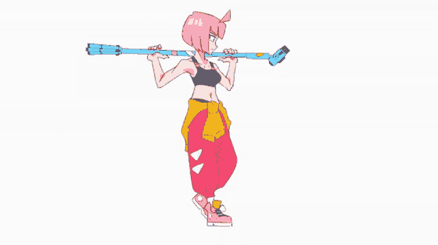 a drawing of a girl with pink hair and a yellow skirt