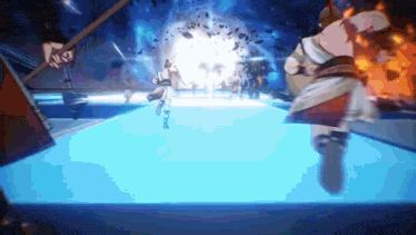 a group of people are standing on a blue surface in front of a large explosion .