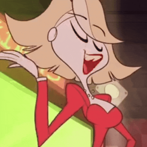 a cartoon woman in a red dress is laughing with her mouth wide open .