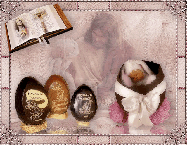 a picture of jesus and easter eggs that say joyeuse paques