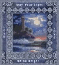 a painting of a lighthouse in the middle of a body of water
