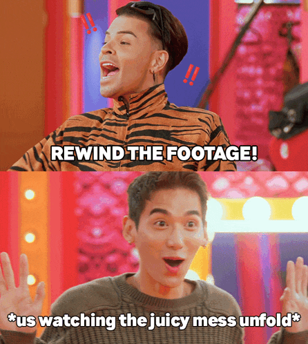 a man in a tiger print jacket is saying rewind the footage