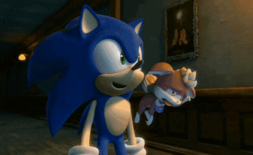 sonic the hedgehog is standing next to a stuffed animal