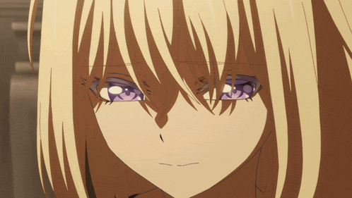 a blonde anime girl with purple eyes looks at the camera